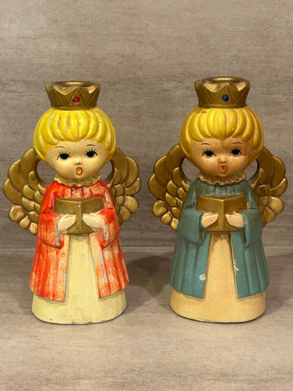 2 1960-1970s ARDCO Mid Century Chalkware Christmas Choir Angel Candle Holders.